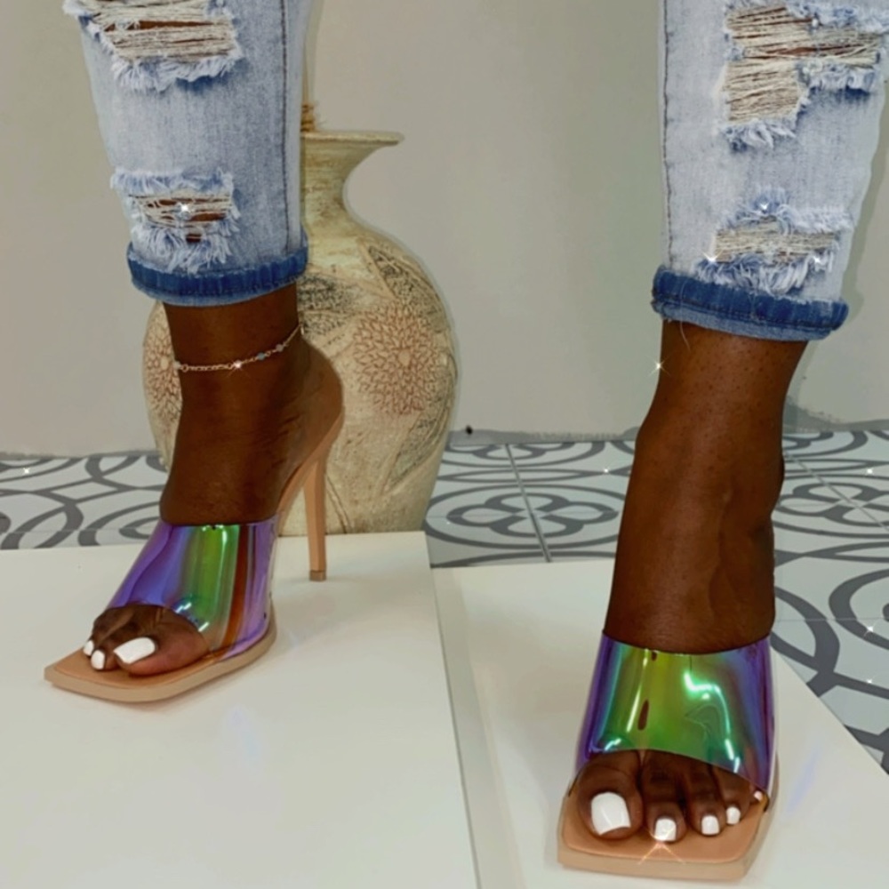 "Jackie" Square Toe Iridescent Clear Nude Slip On